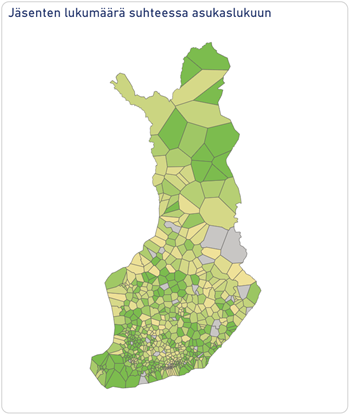 Jäsenten lukumäärä suhteessa asukaslukuun.