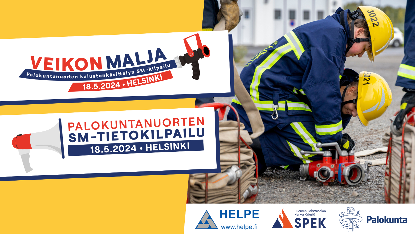 Kaksi palokuntanuorta ovat kyyristyneet tutkimaan letkua.