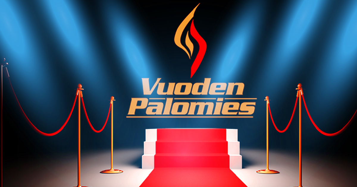 Kuvassa punainen matto, joka johtaa rappuset ylös lavalle. Taustalla Vuoden palomies -logo.