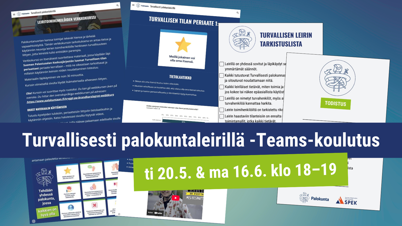 Kuvakaappauksia Turvallisesti palokuntaleirillä -verkkokussin sisällöistä