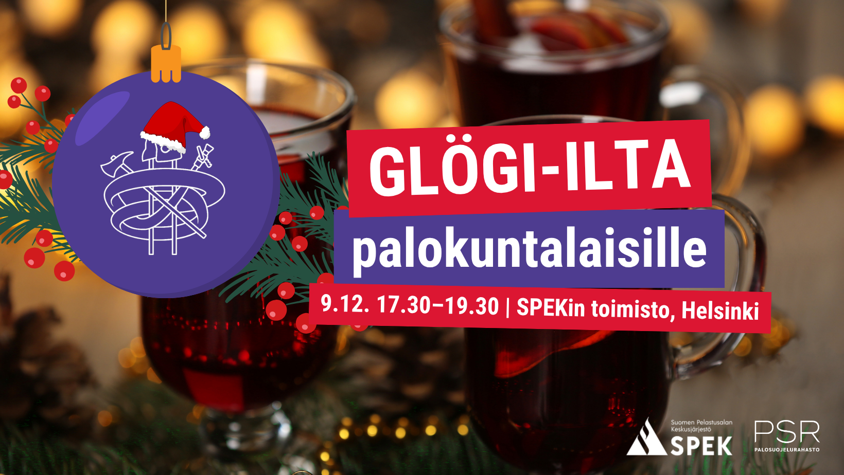 Glögilasit ja päällä teksti glögi-ilta palokuntalaisille