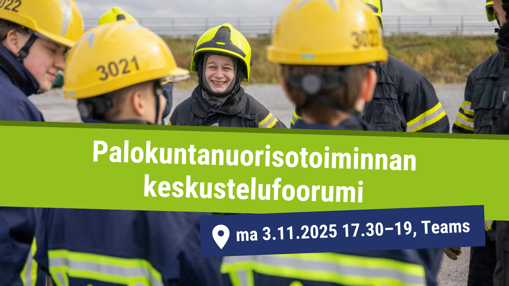 Palokuntanuoria ja kouluttaja. Kuvan päällä tapahtumatiedot.