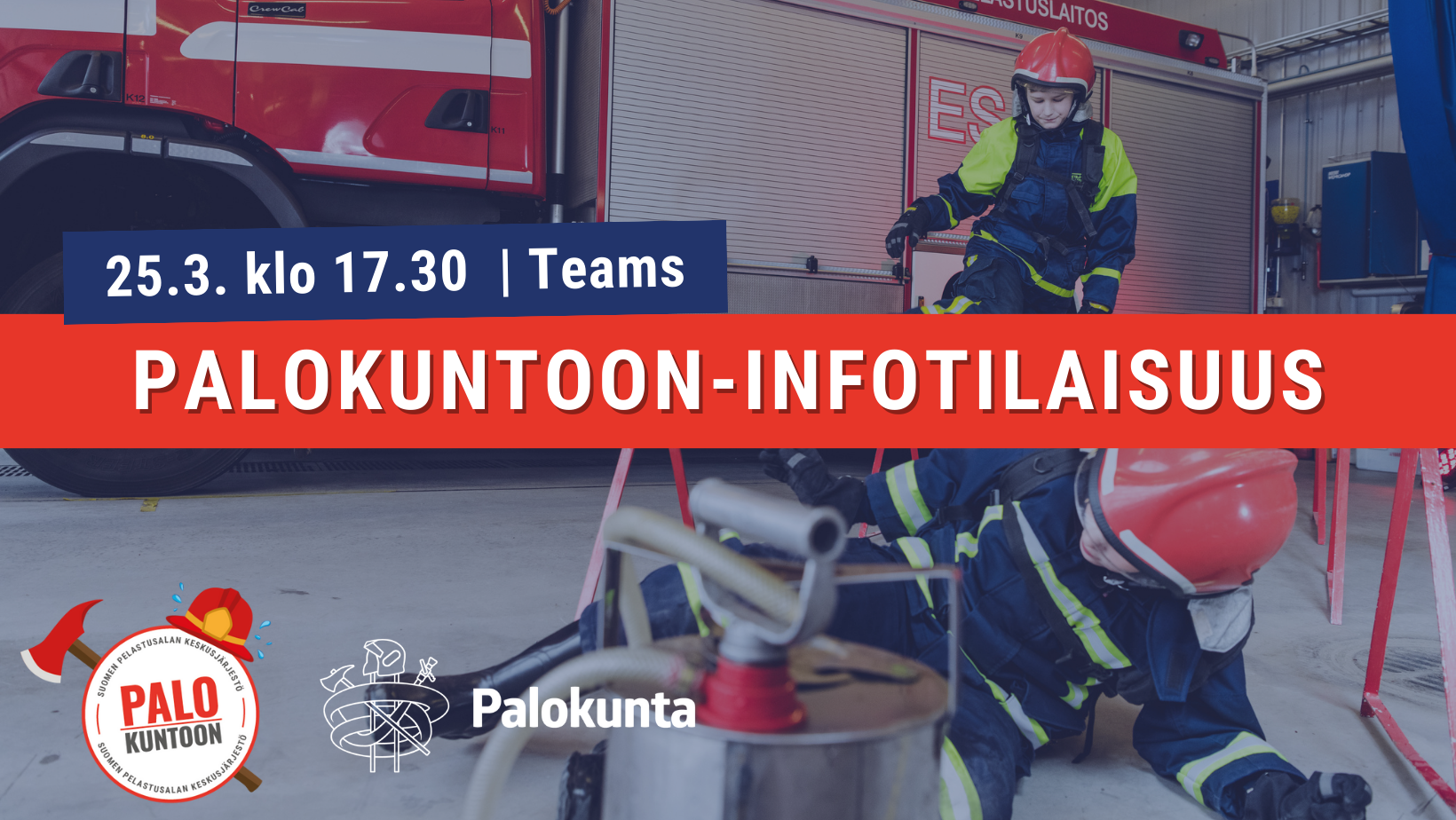 Kuvassa palokuntanuoria yli-ali-esteillä ja tapahtumatiedot